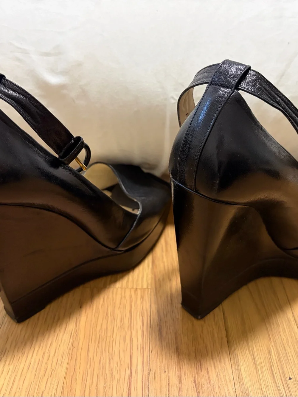 Yves Saint Laurent Black Leather Peep-Toe Ankle-Strap Wedges